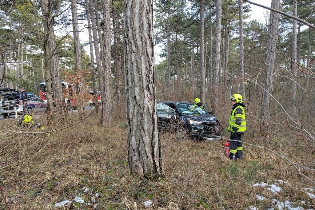 Verkehrsunfallter Pkw im Wald mit Feuerwehrmitgliedern